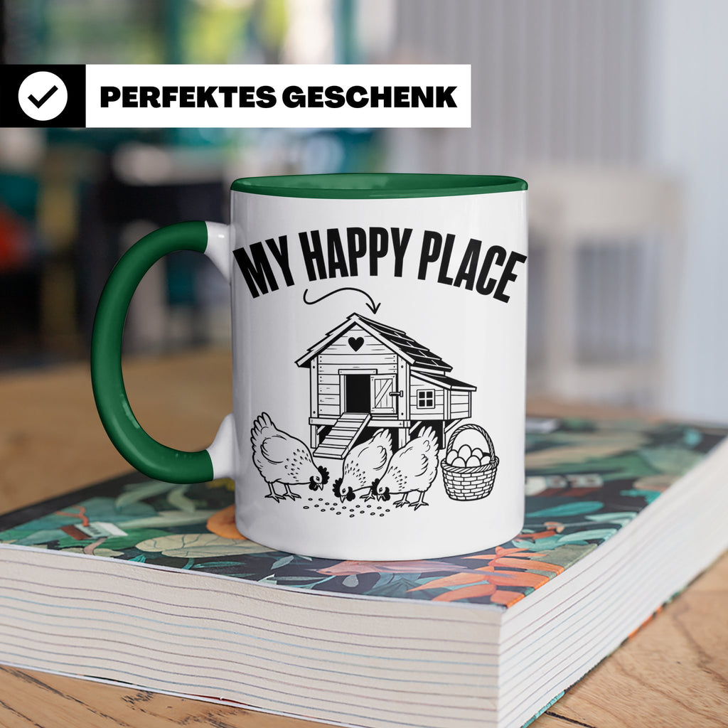 Hühner Tasse My Happy Place Hühnerstall lustiger Spruch für  – Grün [farbe:grün]