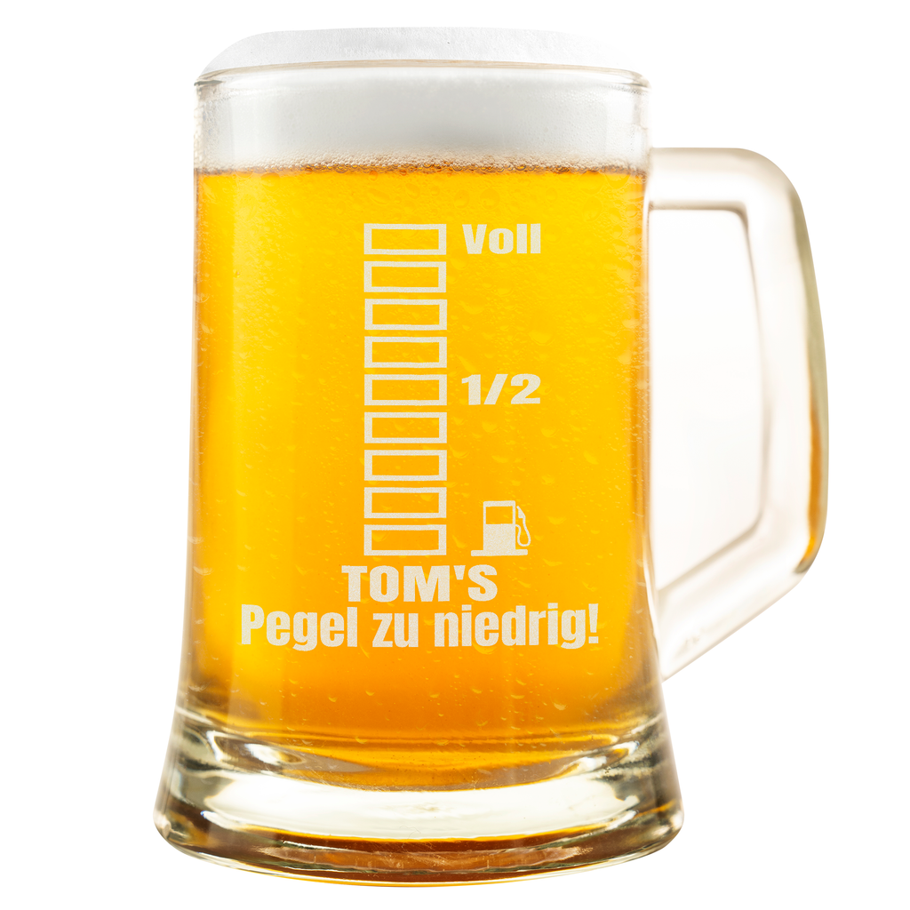 Personalisierter Bierkrug mit Name – „Pegel zu niedrig!“ Lustiger Bierkrug Geschenk