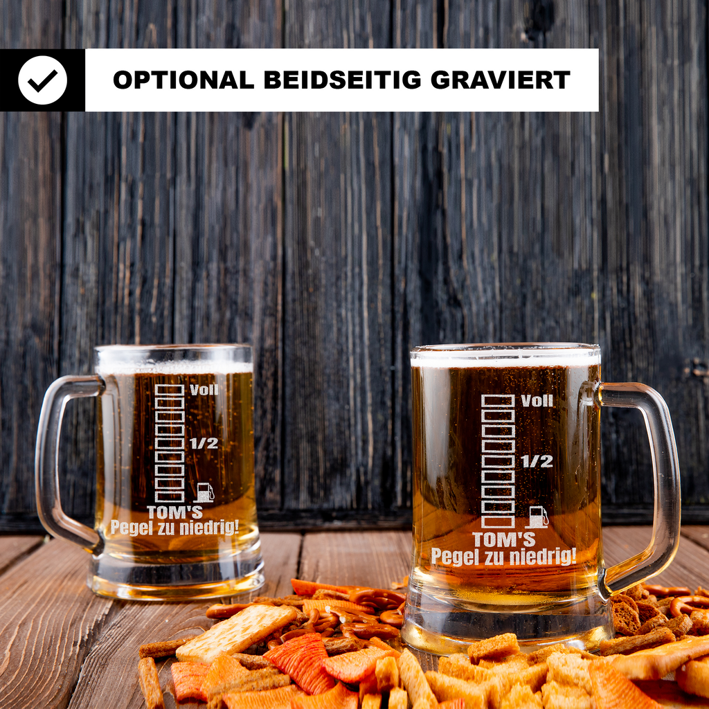 Personalisierter Bierkrug mit Name – „Pegel zu niedrig!“ Lustiger Bierkrug Geschenk