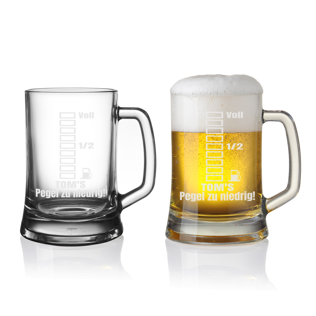 Personalisierter Bierkrug mit Name – „Pegel zu niedrig!“ Lustiger Bierkrug Geschenk
