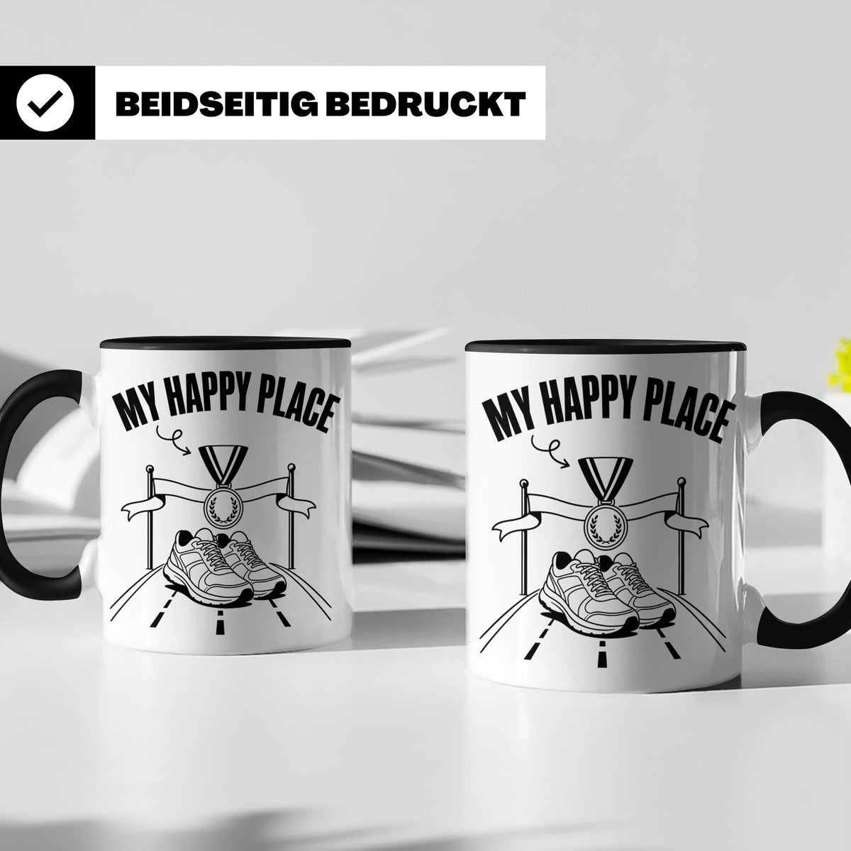 Läufer Tasse My Happy Place Finisher Motiv für Marathon & Ha – Schwarz [farbe:schwarz]