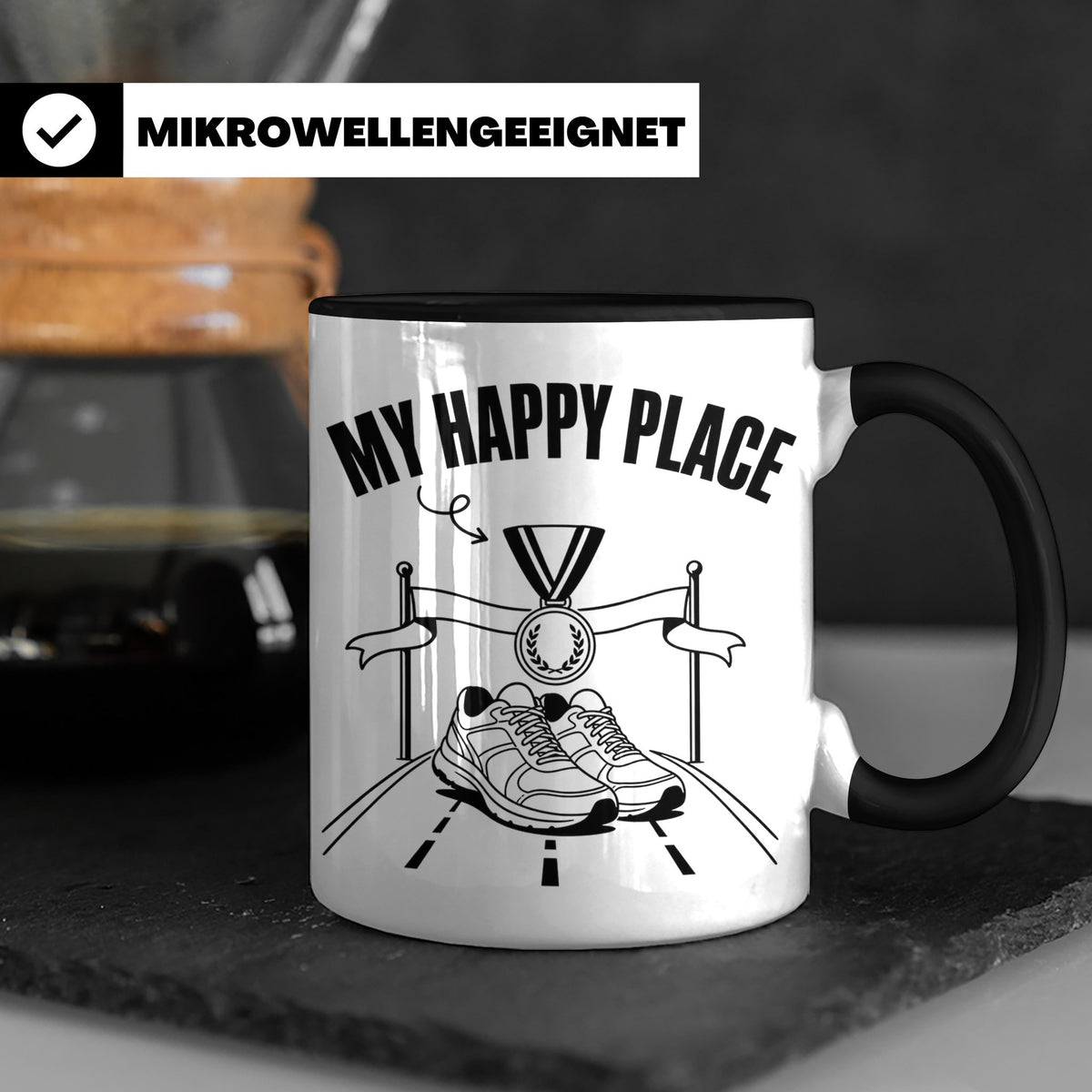Läufer Tasse My Happy Place Finisher Motiv für Marathon & Ha – Schwarz [farbe:schwarz]