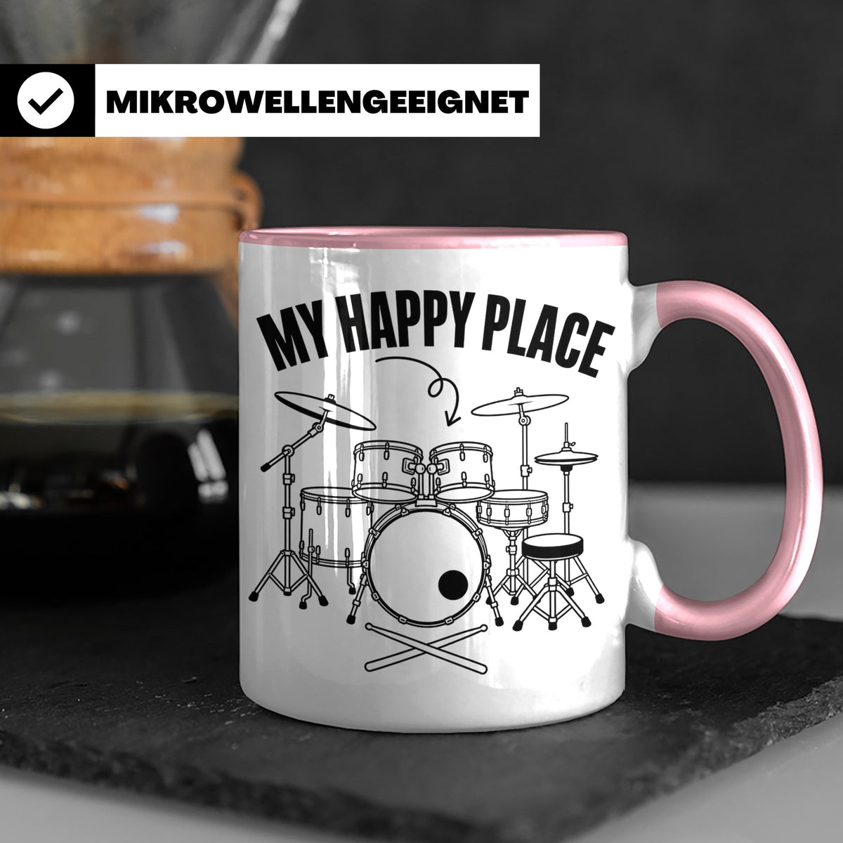 Drummer Tasse My Happy Place Spruch, Geschenkidee für Schlag – Rosa [farbe:rosa]