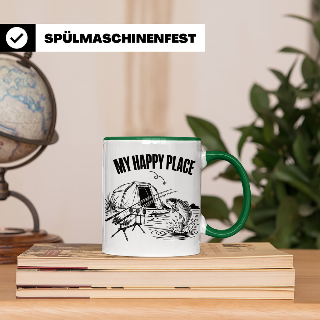 Karpfenangler Tasse My Happy Place Spruch Geschenk für Angle – Grün [farbe:grün]