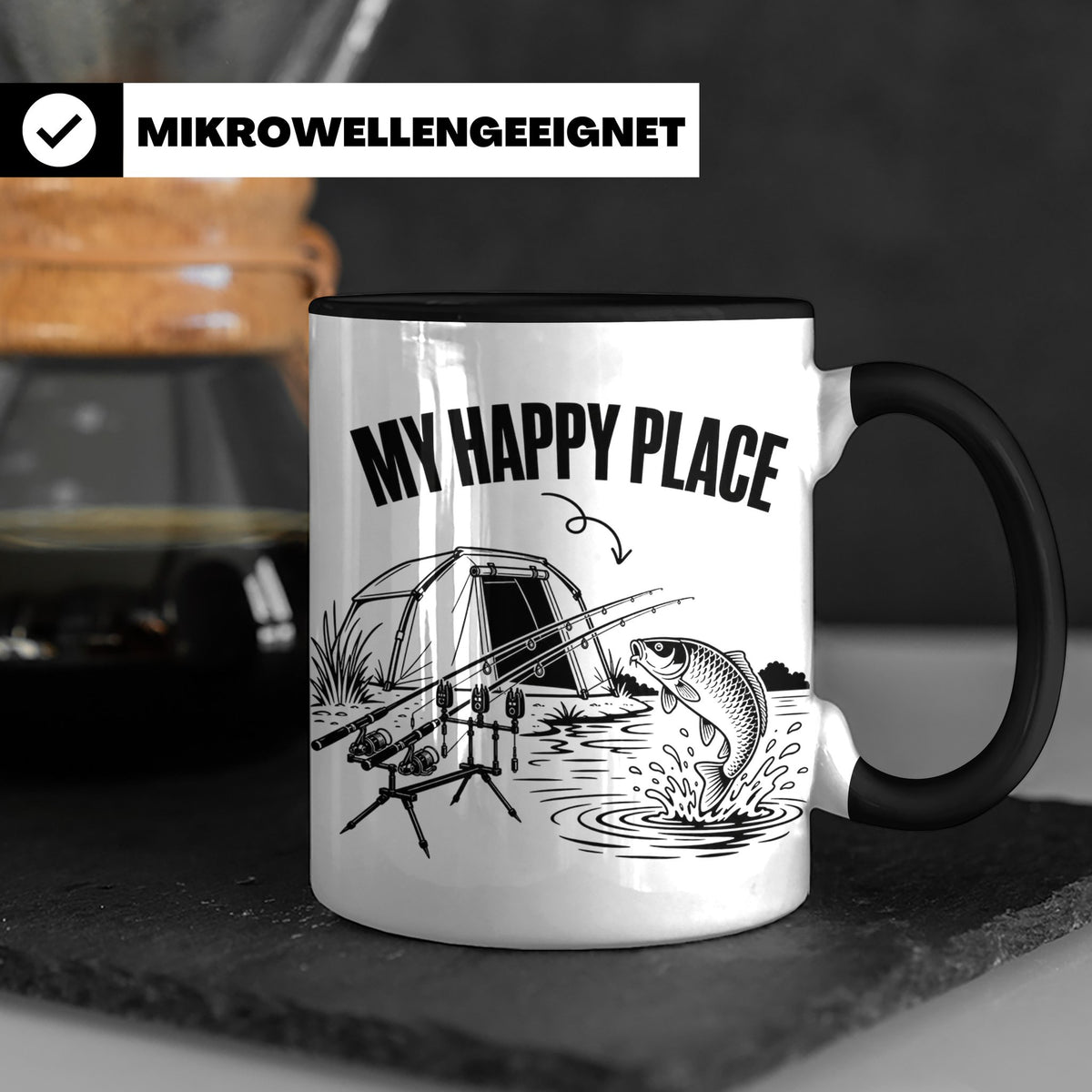 Karpfenangler Tasse My Happy Place Spruch Geschenk für Angle – Schwarz [farbe:schwarz]