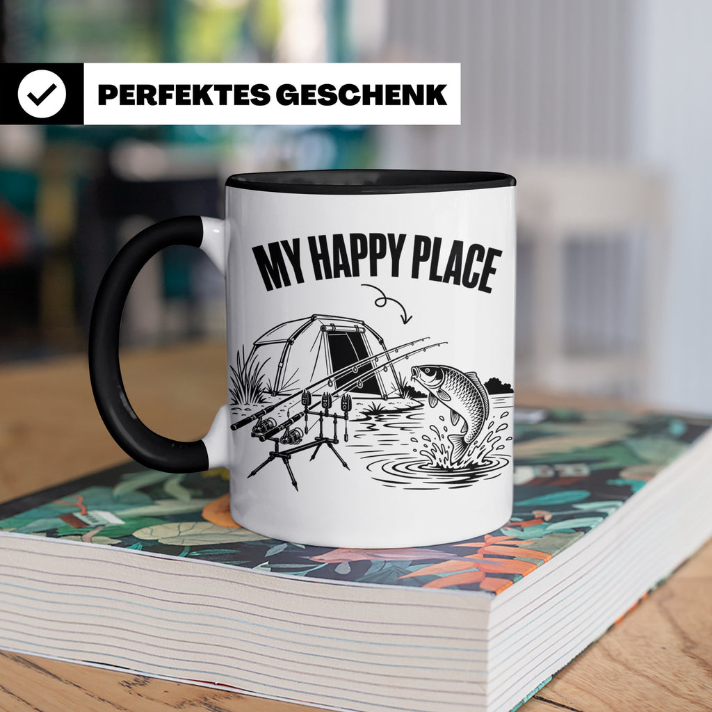 Karpfenangler Tasse My Happy Place Spruch Geschenk für Angle – Schwarz [farbe:schwarz]