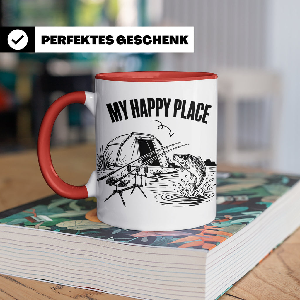 Karpfenangler Tasse My Happy Place Spruch Geschenk für Angle – Rot [farbe:rot]