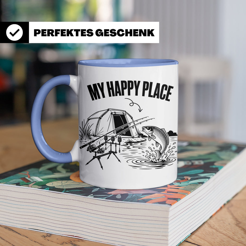 Karpfenangler Tasse My Happy Place Spruch Geschenk für Angle – Blau [farbe:blau]