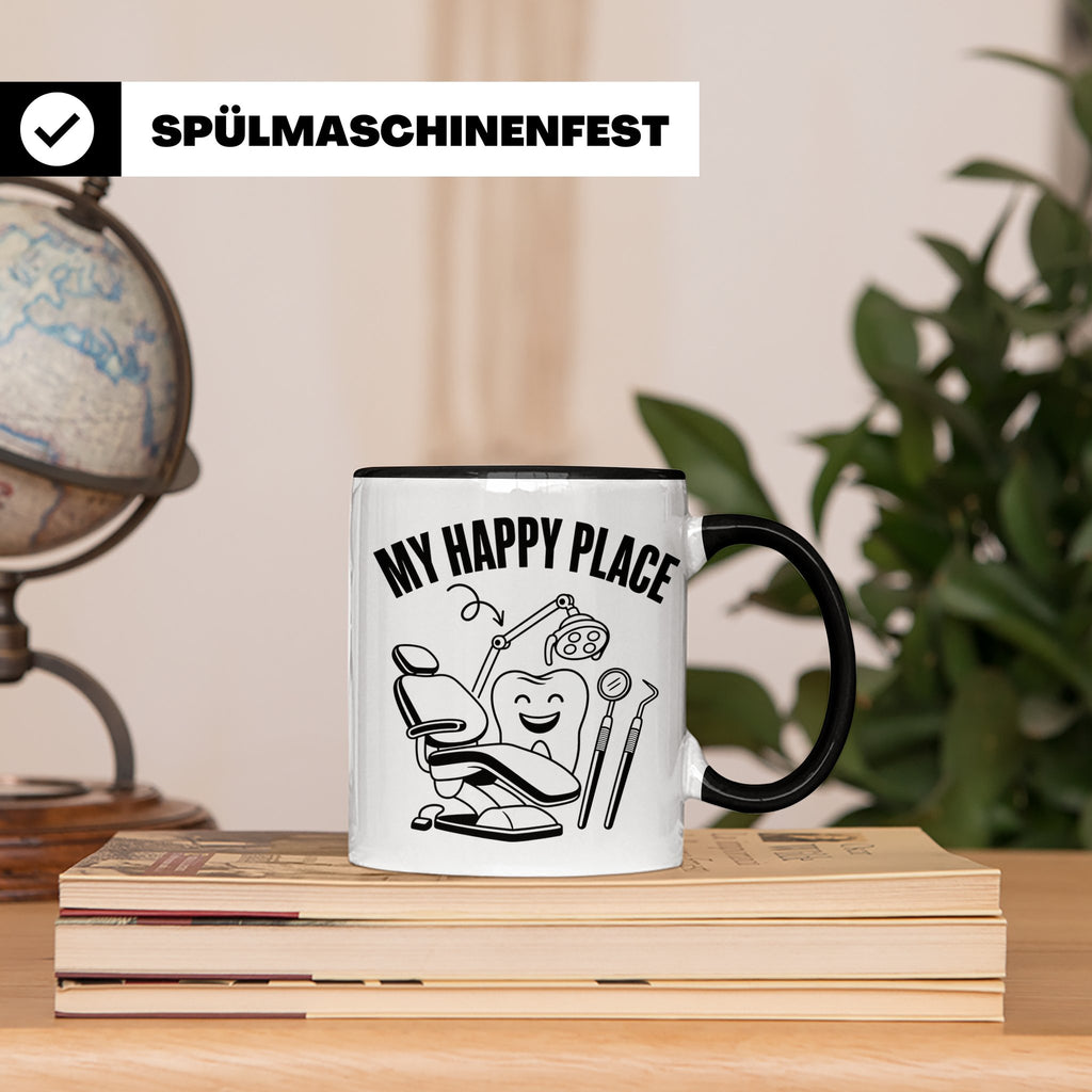 Zahnarzt Tasse My Happy Place Lustig Spruch Zahnarzthelferin – Schwarz [farbe:schwarz]