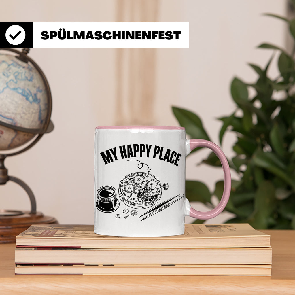 Uhrmacher Tasse My Happy Place Spruch für Uhrenliebhaber & H – Rosa [farbe:rosa]