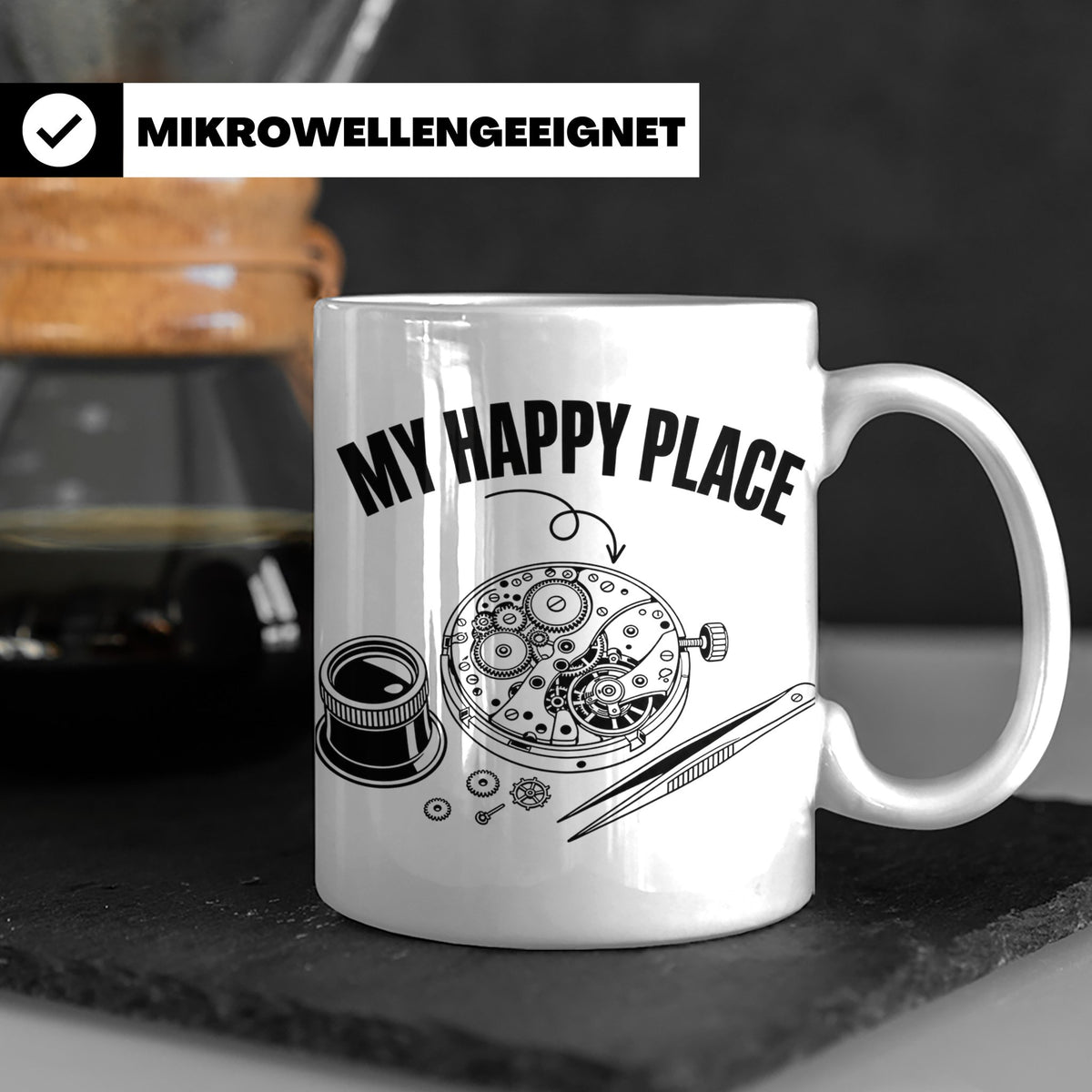 Uhrmacher Tasse My Happy Place Spruch für Uhrenliebhaber & H – Weiß [farbe:weiß]