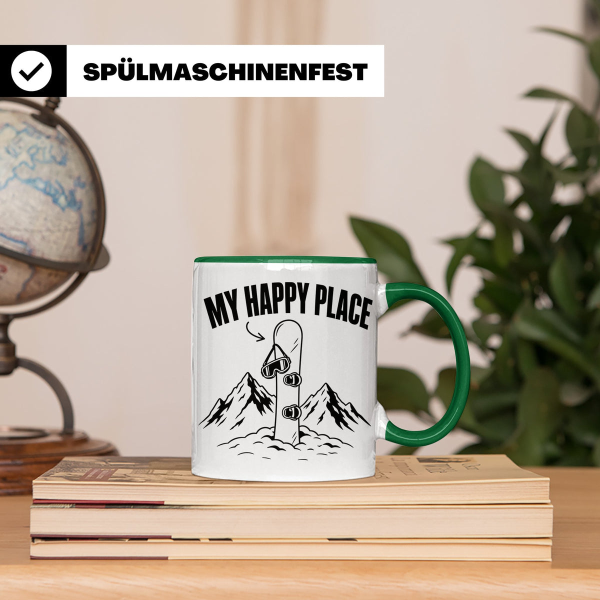 Snowboard Tasse My Happy Place Spruch für Snowboarder Gesche – Grün [farbe:grün]
