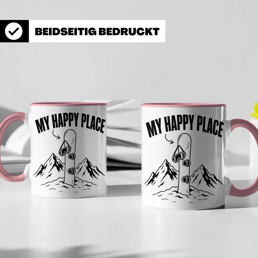 Snowboard Tasse My Happy Place Spruch für Snowboarder Gesche – Rosa [farbe:rosa]