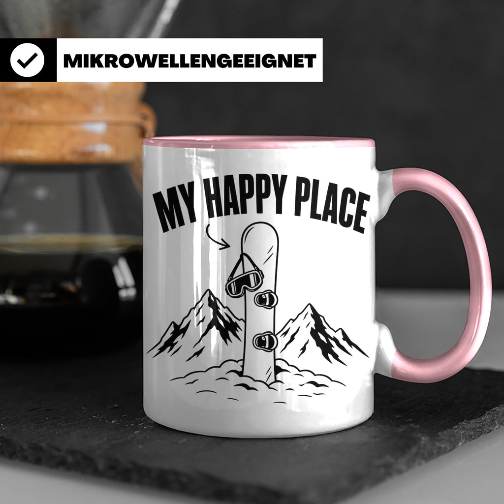 Snowboard Tasse My Happy Place Spruch für Snowboarder Gesche – Rosa [farbe:rosa]