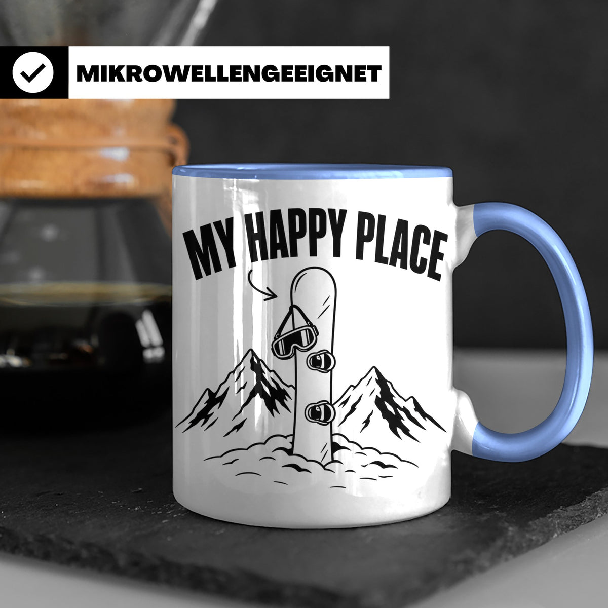 Snowboard Tasse My Happy Place Spruch für Snowboarder Gesche – Blau [farbe:blau]