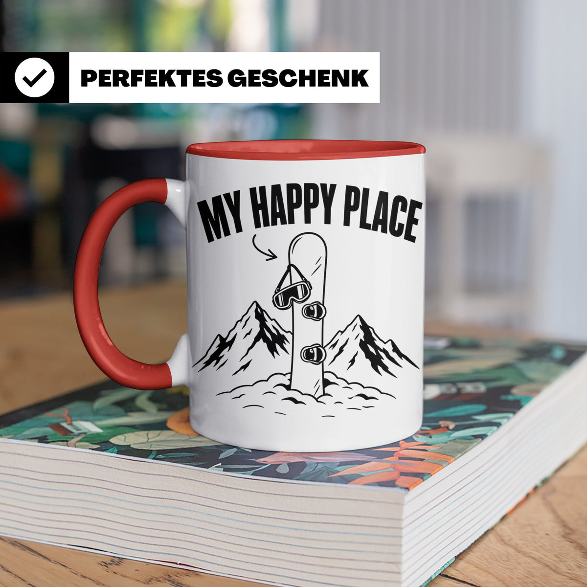 Snowboard Tasse My Happy Place Spruch für Snowboarder Gesche – Rot [farbe:rot]