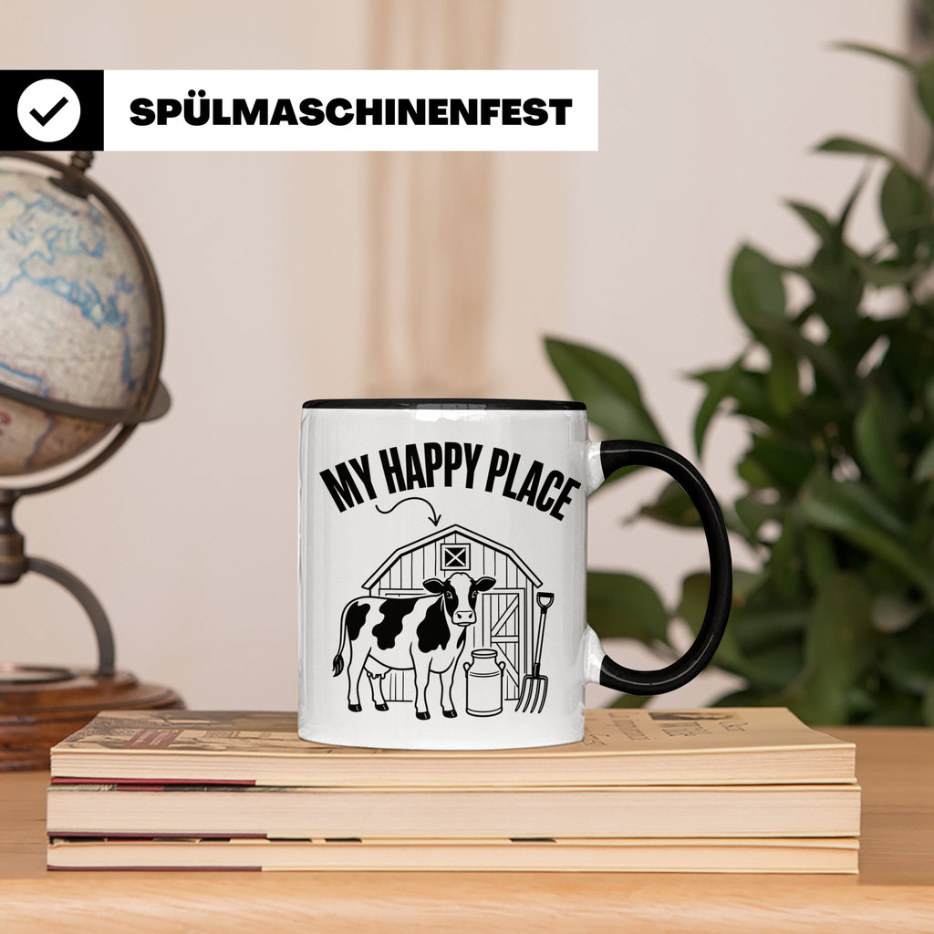 Kuh Tasse My Happy Place Spruch I Bauernhof Motiv für Landwi – Schwarz [farbe:schwarz]