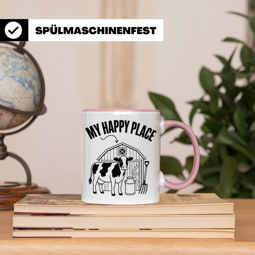 Kuh Tasse My Happy Place Spruch I Bauernhof Motiv für Landwi – Rosa [farbe:rosa]