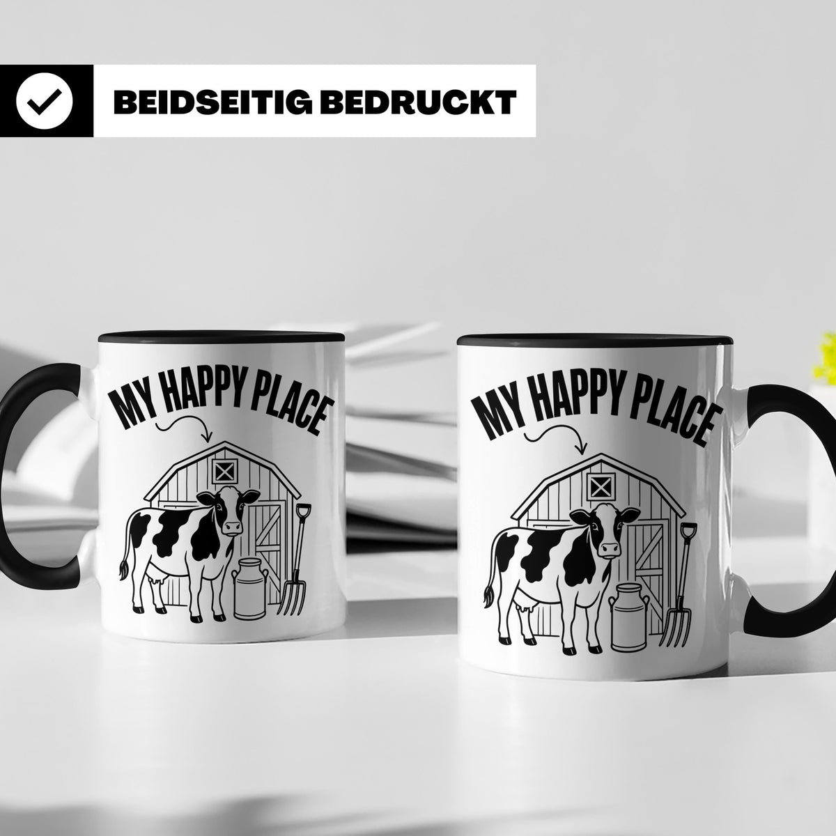 Kuh Tasse My Happy Place Spruch I Bauernhof Motiv für Landwi – Schwarz [farbe:schwarz]