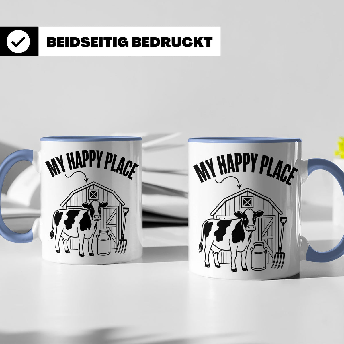 Kuh Tasse My Happy Place Spruch I Bauernhof Motiv für Landwi – Blau [farbe:blau]