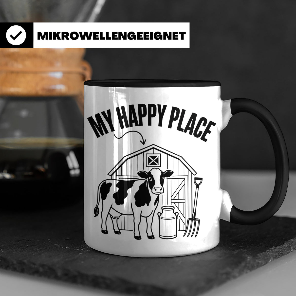 Kuh Tasse My Happy Place Spruch I Bauernhof Motiv für Landwi – Schwarz [farbe:schwarz]