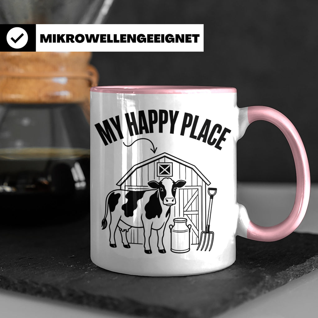 Kuh Tasse My Happy Place Spruch I Bauernhof Motiv für Landwi – Rosa [farbe:rosa]