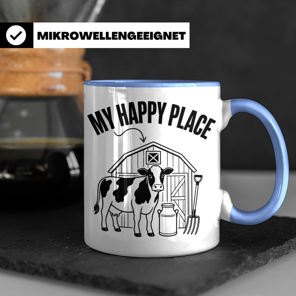 Kuh Tasse My Happy Place Spruch I Bauernhof Motiv für Landwi – Blau [farbe:blau]