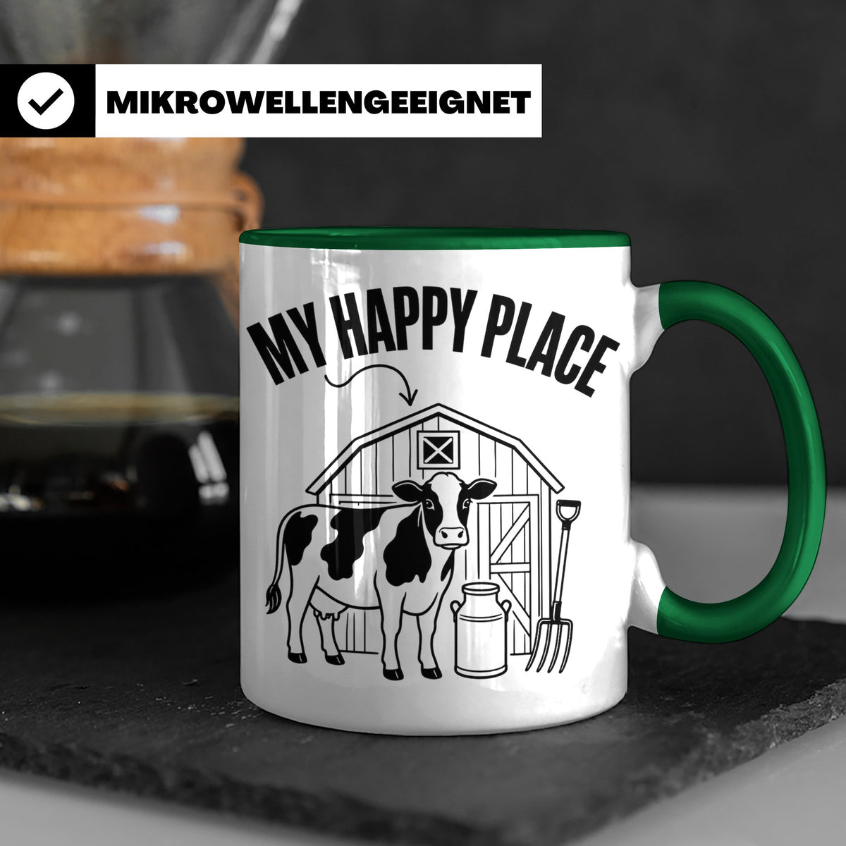 Kuh Tasse My Happy Place Spruch I Bauernhof Motiv für Landwi – Grün [farbe:grün]