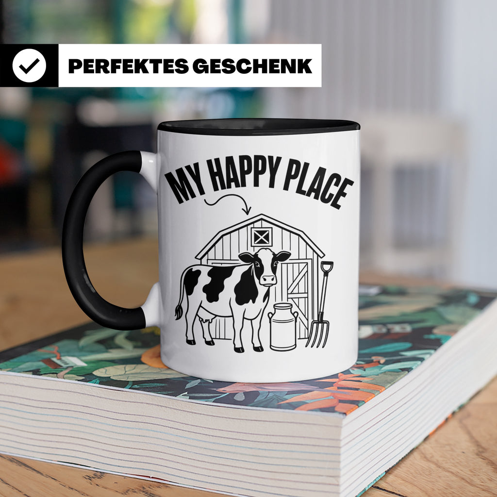 Kuh Tasse My Happy Place Spruch I Bauernhof Motiv für Landwi – Schwarz [farbe:schwarz]