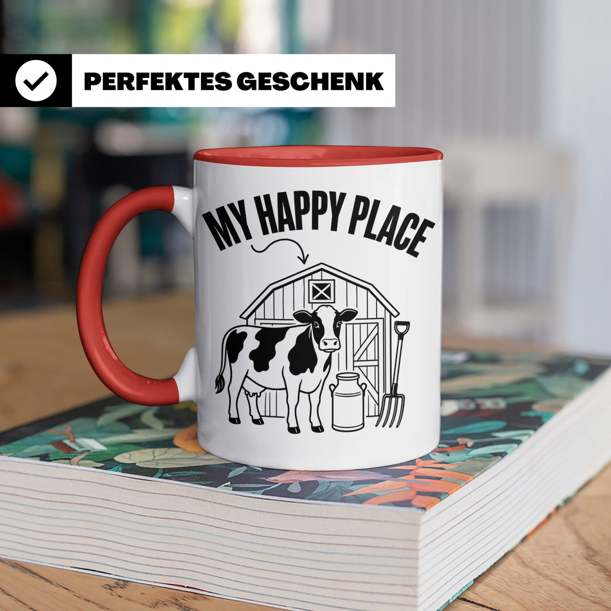 Kuh Tasse My Happy Place Spruch I Bauernhof Motiv für Landwi – Rot [farbe:rot]