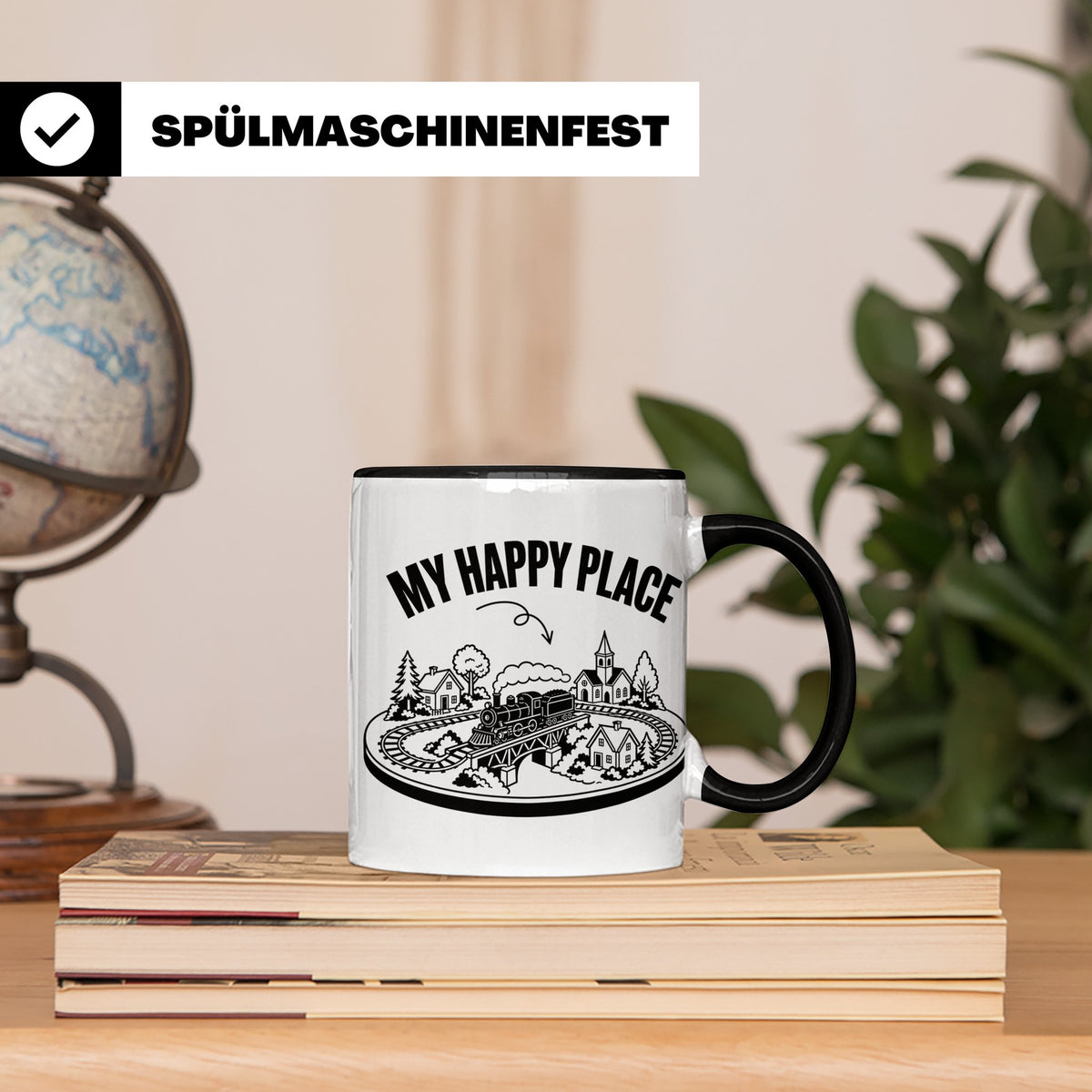 Modelleisenbahn Tasse My Happy Place Spruch für Modellbahner – Schwarz [farbe:schwarz]