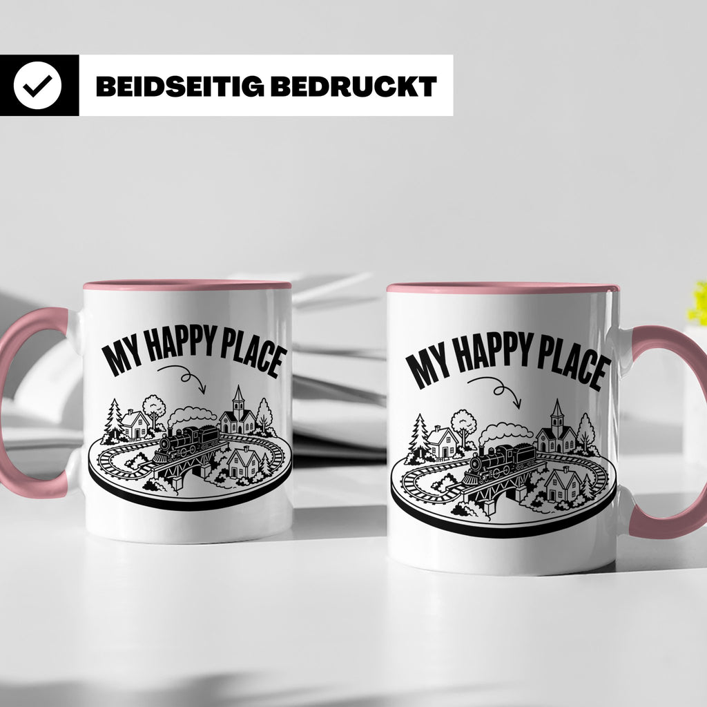 Modelleisenbahn Tasse My Happy Place Spruch für Modellbahner – Rosa [farbe:rosa]