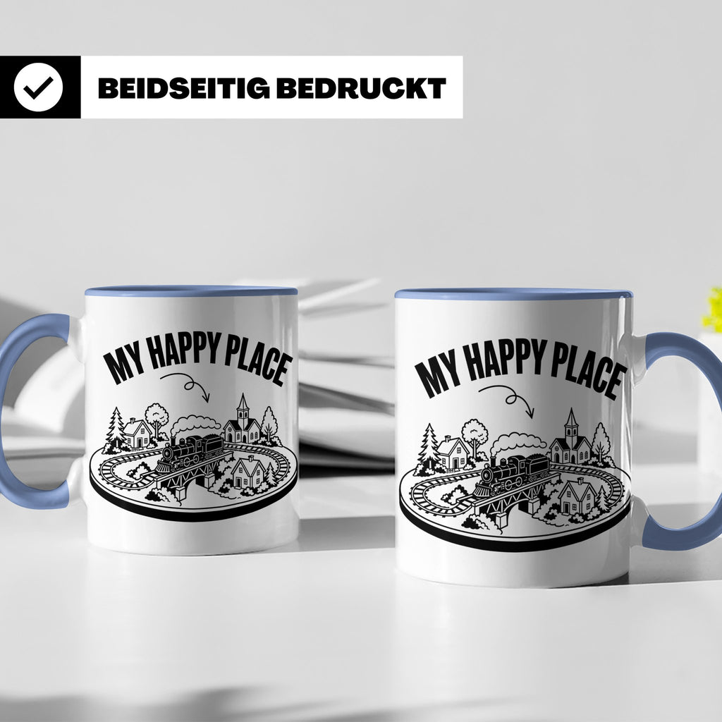 Modelleisenbahn Tasse My Happy Place Spruch für Modellbahner – Blau [farbe:blau]