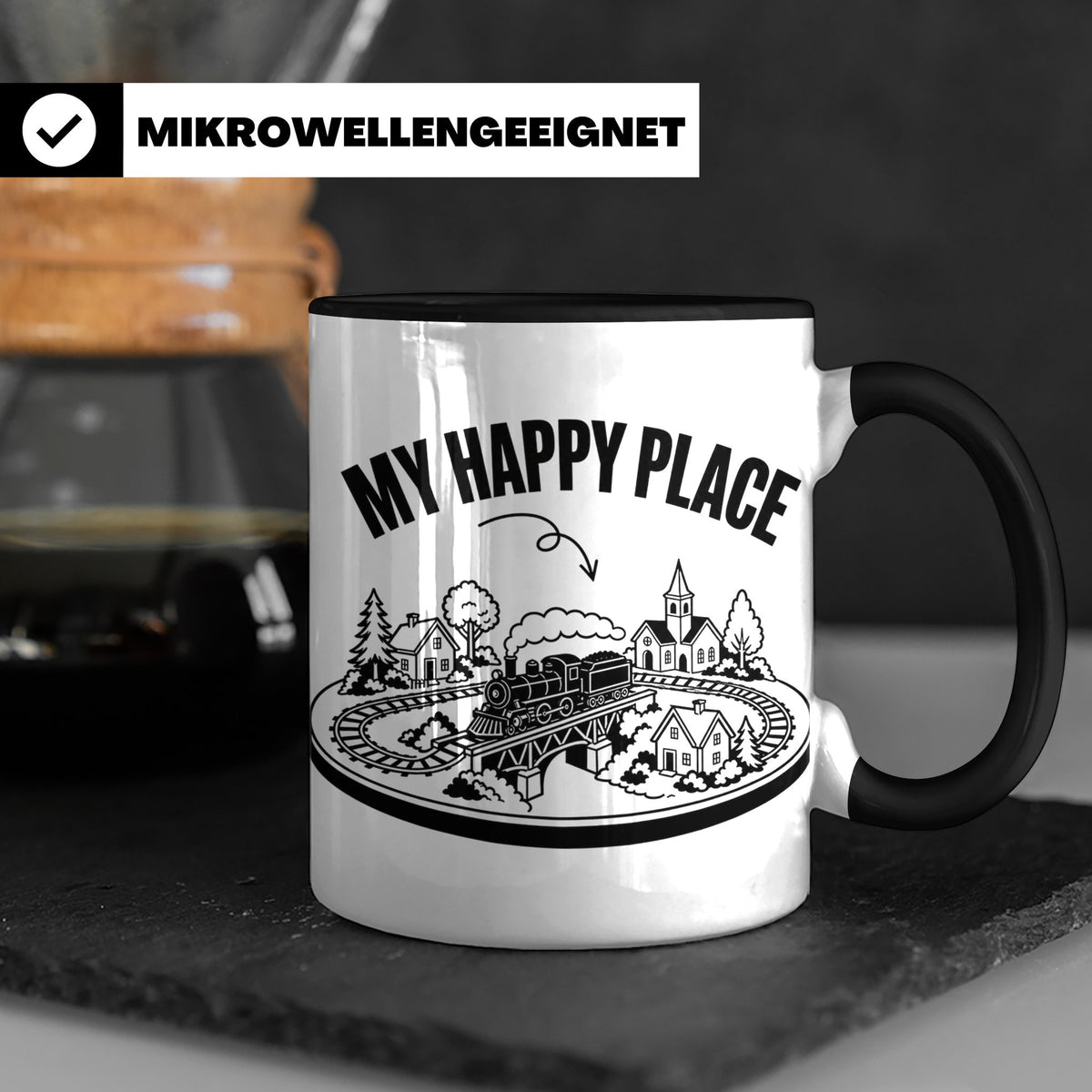 Modelleisenbahn Tasse My Happy Place Spruch für Modellbahner – Schwarz [farbe:schwarz]