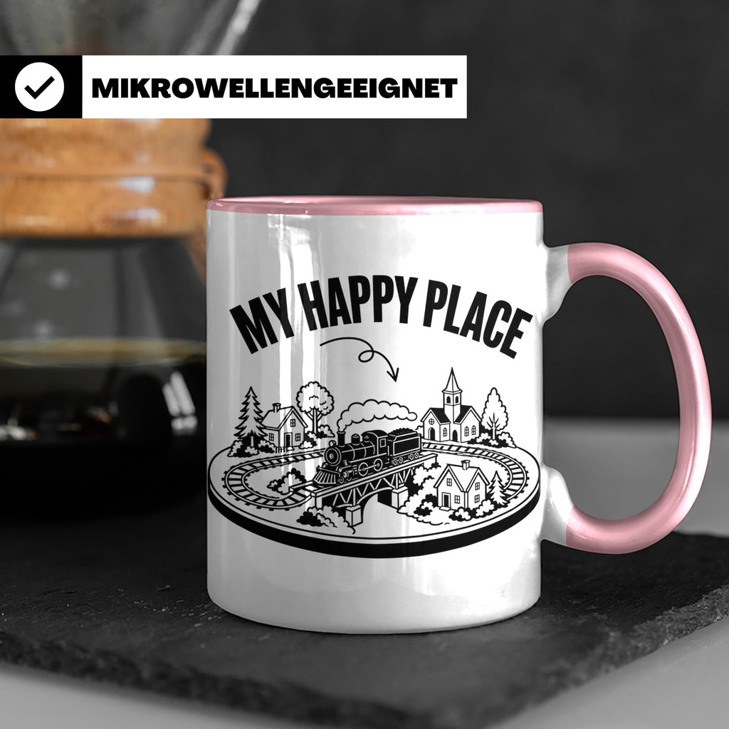 Modelleisenbahn Tasse My Happy Place Spruch für Modellbahner – Rosa [farbe:rosa]