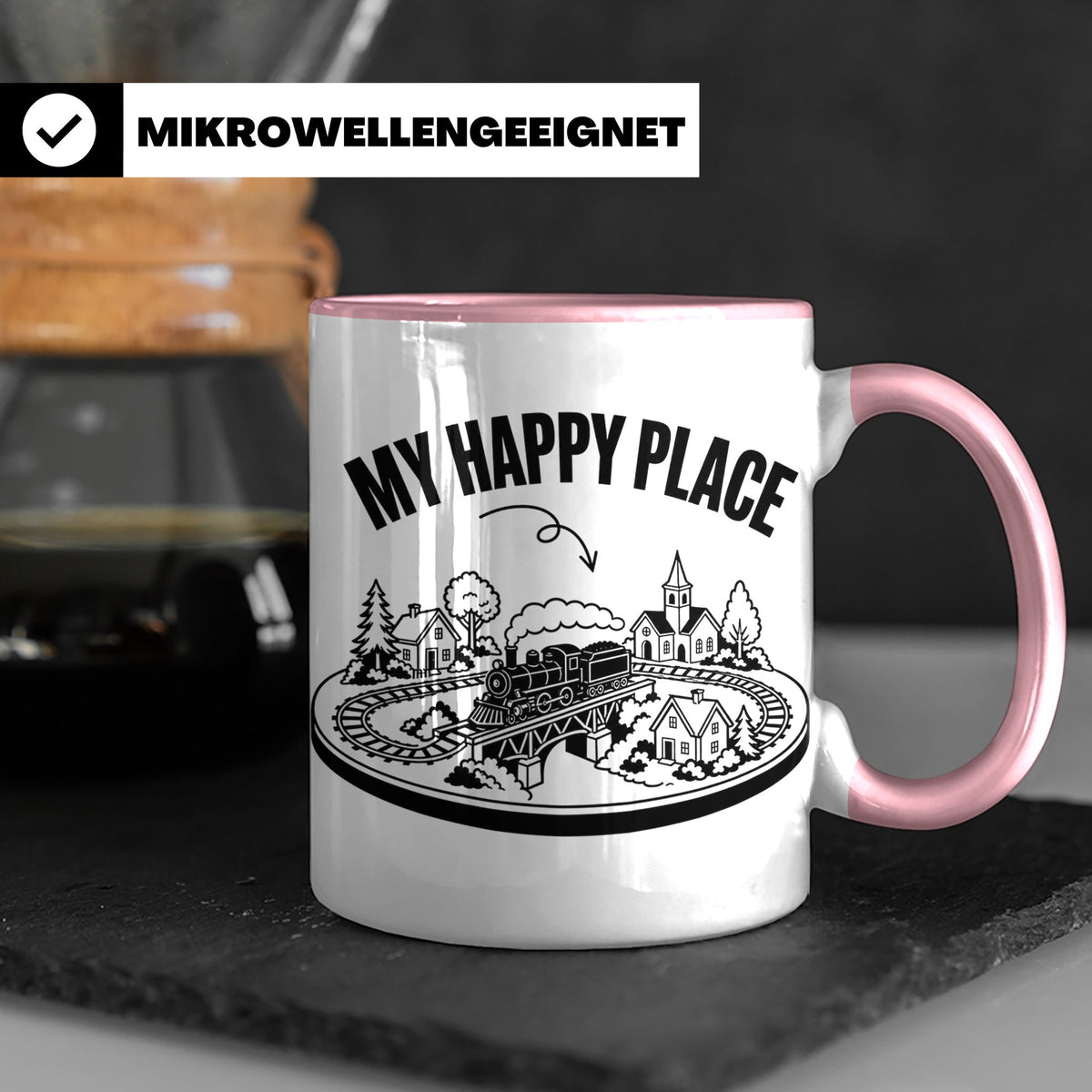 Modelleisenbahn Tasse My Happy Place Spruch für Modellbahner – Rosa [farbe:rosa]