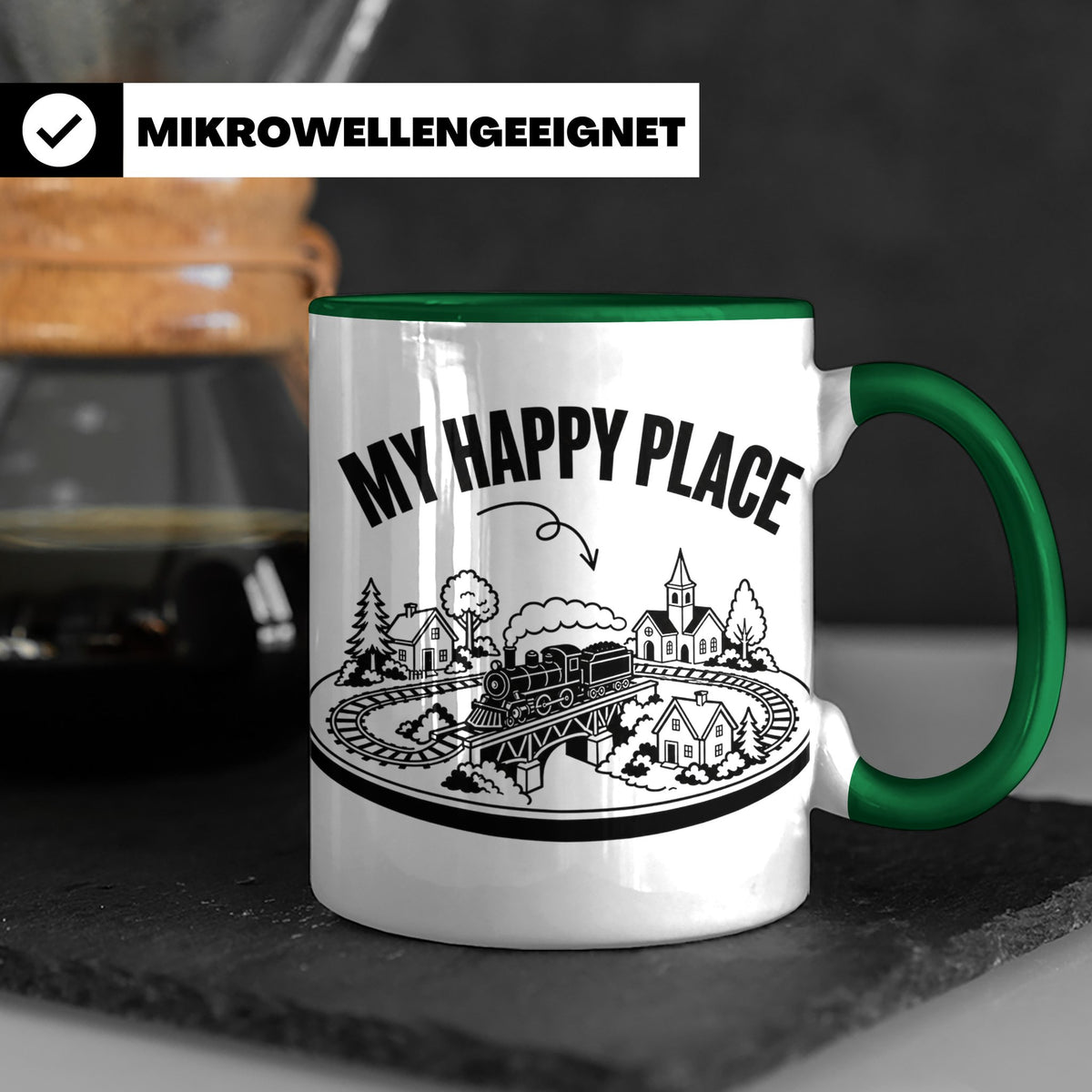 Modelleisenbahn Tasse My Happy Place Spruch für Modellbahner – Grün [farbe:grün]