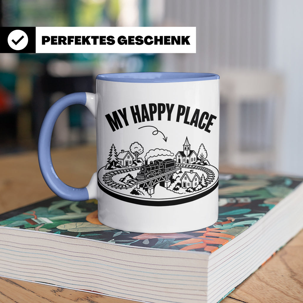Modelleisenbahn Tasse My Happy Place Spruch für Modellbahner – Blau [farbe:blau]