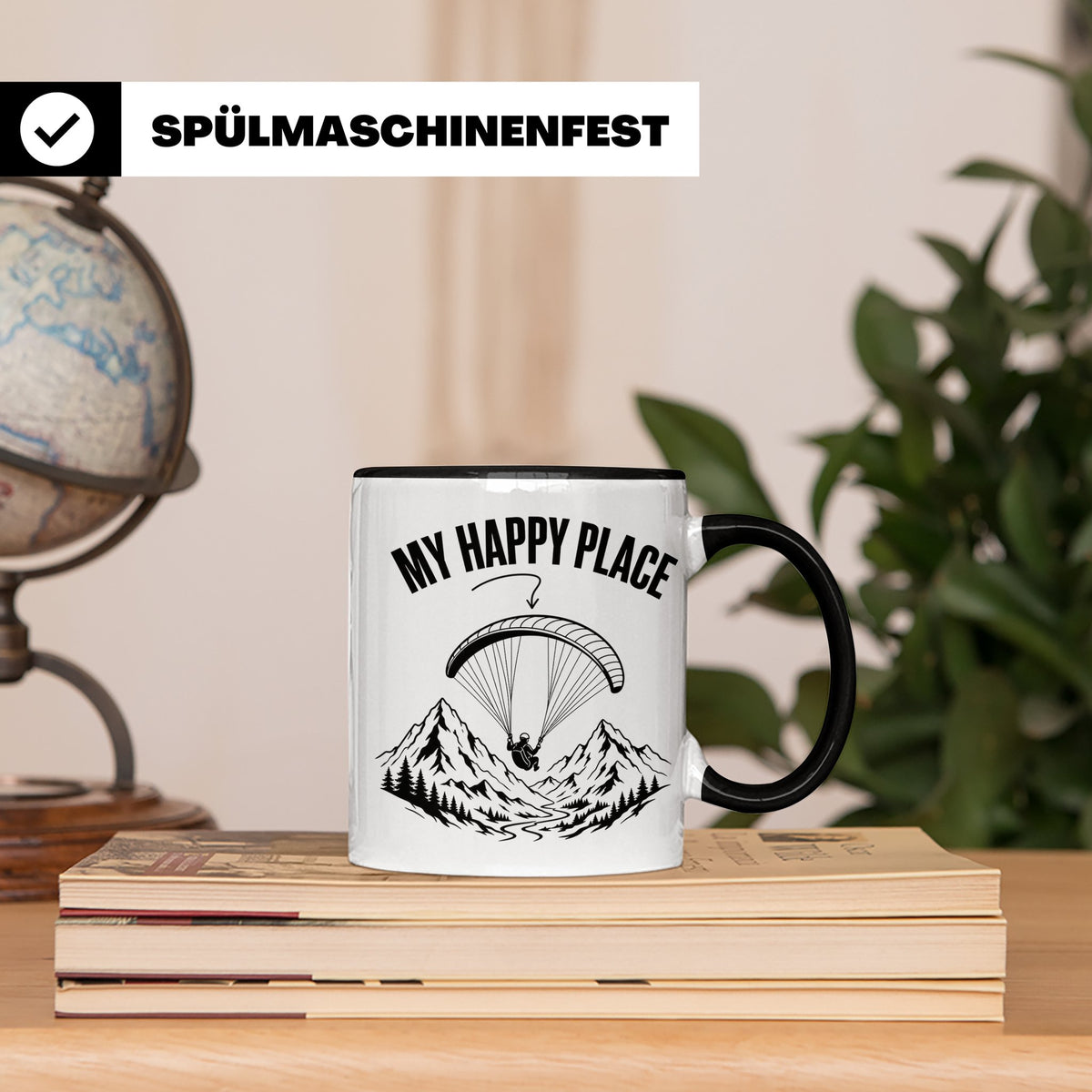 Gleitschirmfliegen Tasse My Happy Place Spruch Paragliding G – Schwarz [farbe:schwarz]