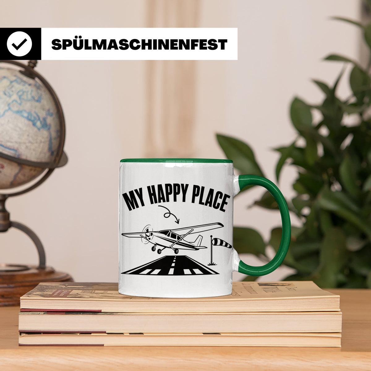 Pilot Tasse My Happy Place Flugzeug Kaffeetasse für Flieger  – Grün [farbe:grün]
