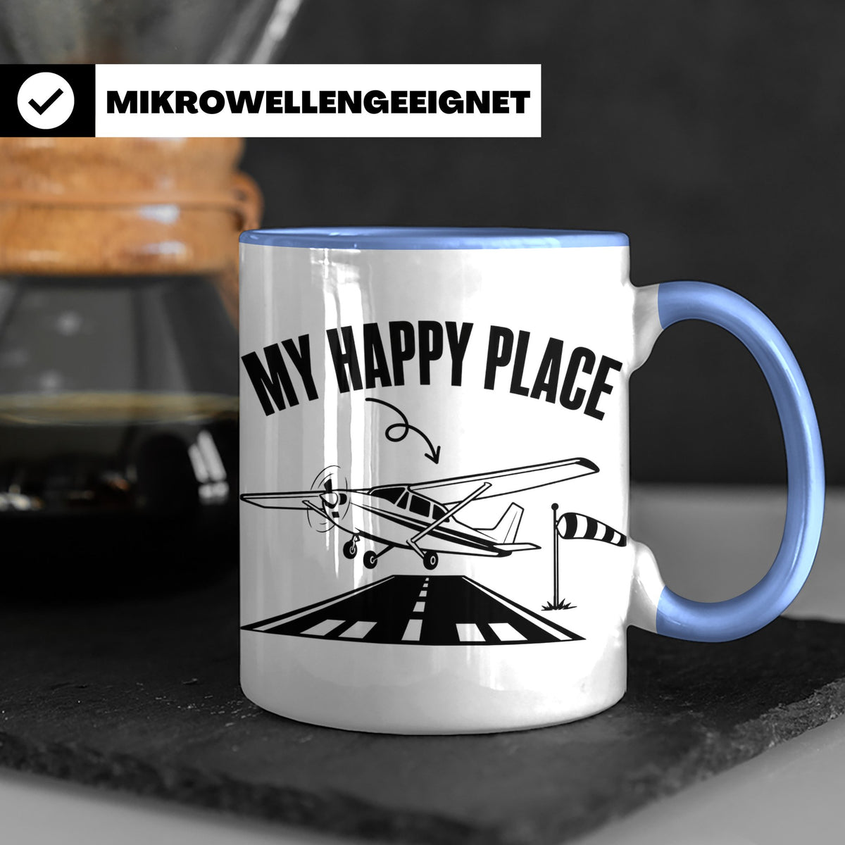 Pilot Tasse My Happy Place Flugzeug Kaffeetasse für Flieger  – Blau [farbe:blau]