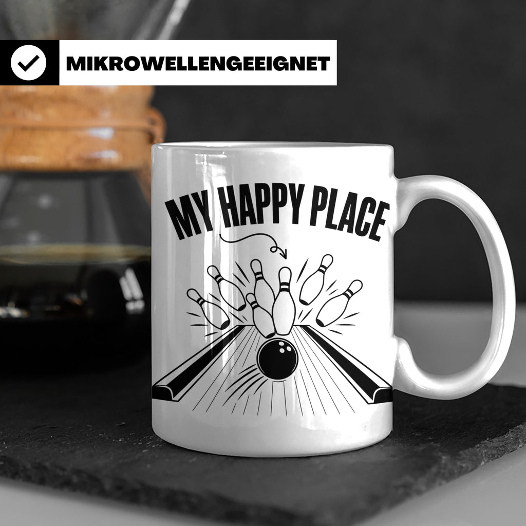 Bowling Tasse My Happy Place Spruch, Kaffeetasse für Kegler  – Weiß [farbe:weiß]