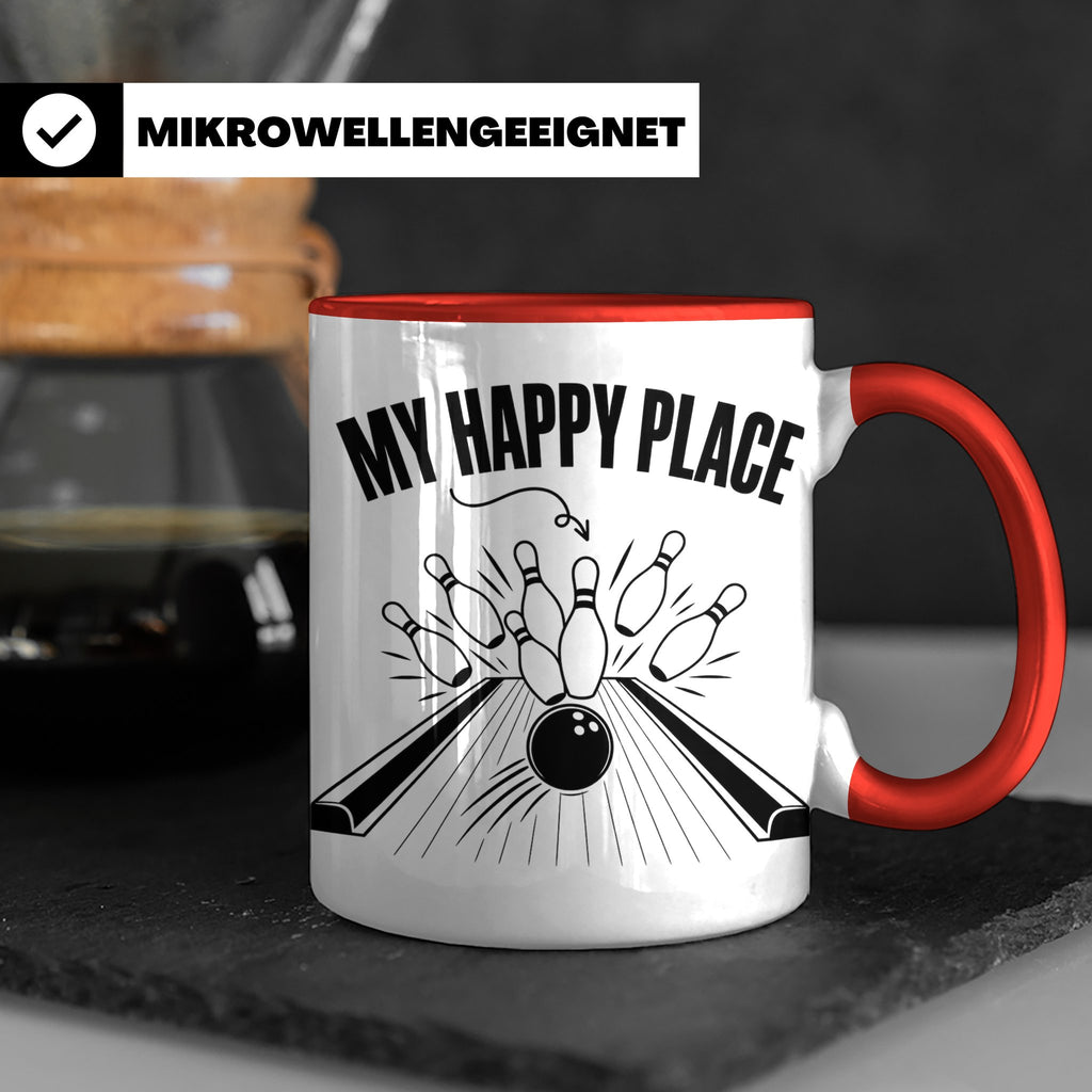 Bowling Tasse My Happy Place Spruch, Kaffeetasse für Kegler  – Rot [farbe:rot]