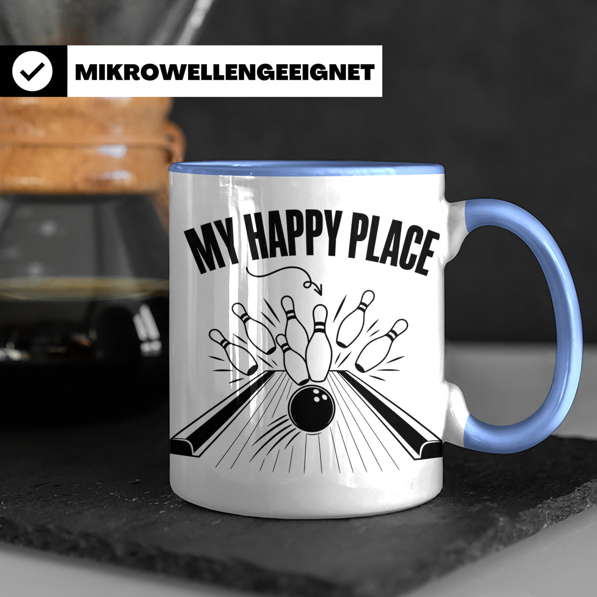 Bowling Tasse My Happy Place Spruch, Kaffeetasse für Kegler  – Blau [farbe:blau]