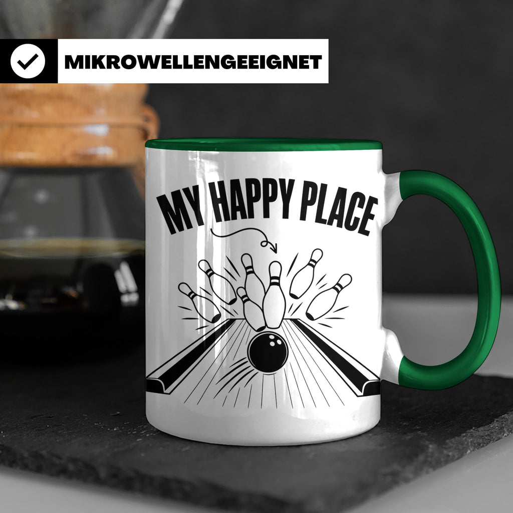 Bowling Tasse My Happy Place Spruch, Kaffeetasse für Kegler  – Grün [farbe:grün]