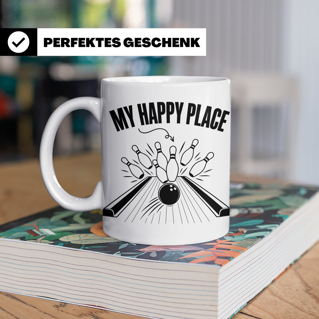 Bowling Tasse My Happy Place Spruch, Kaffeetasse für Kegler  – Weiß [farbe:weiß]