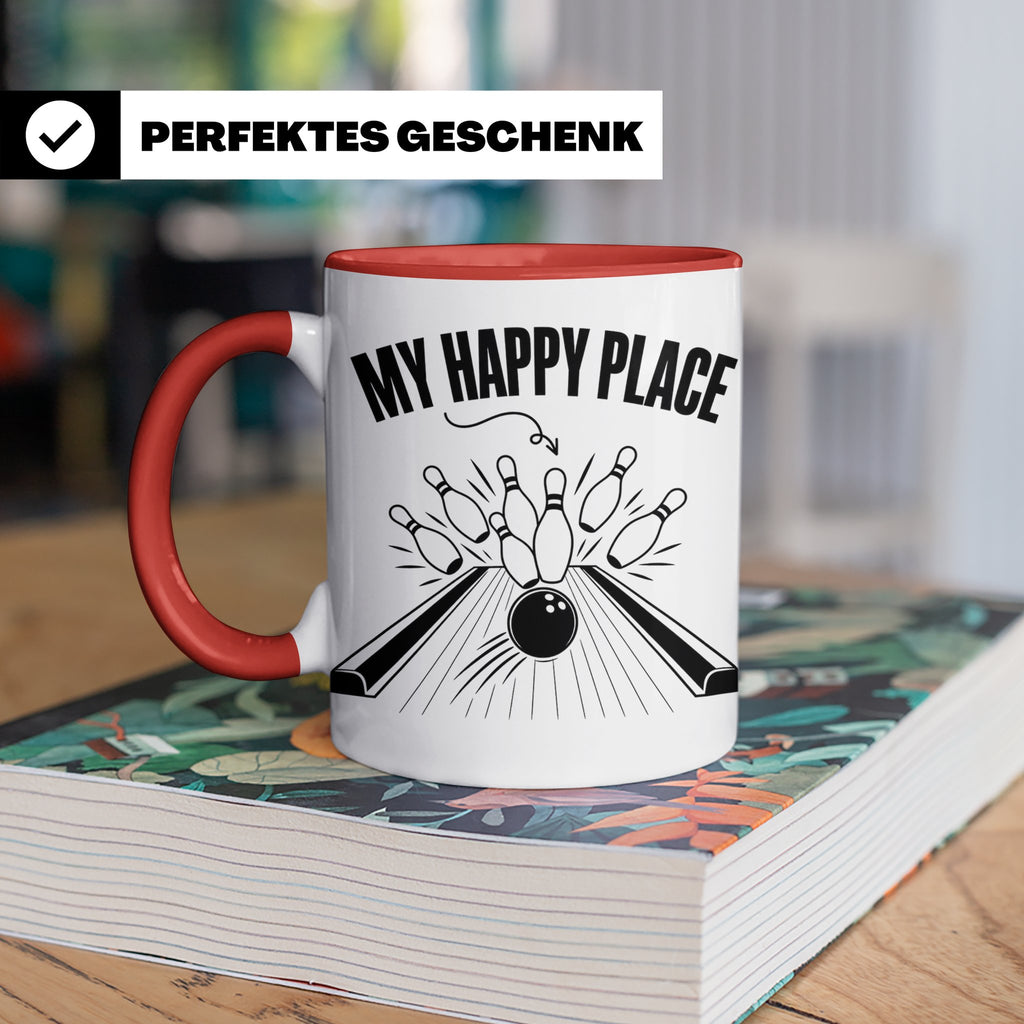 Bowling Tasse My Happy Place Spruch, Kaffeetasse für Kegler  – Rot [farbe:rot]
