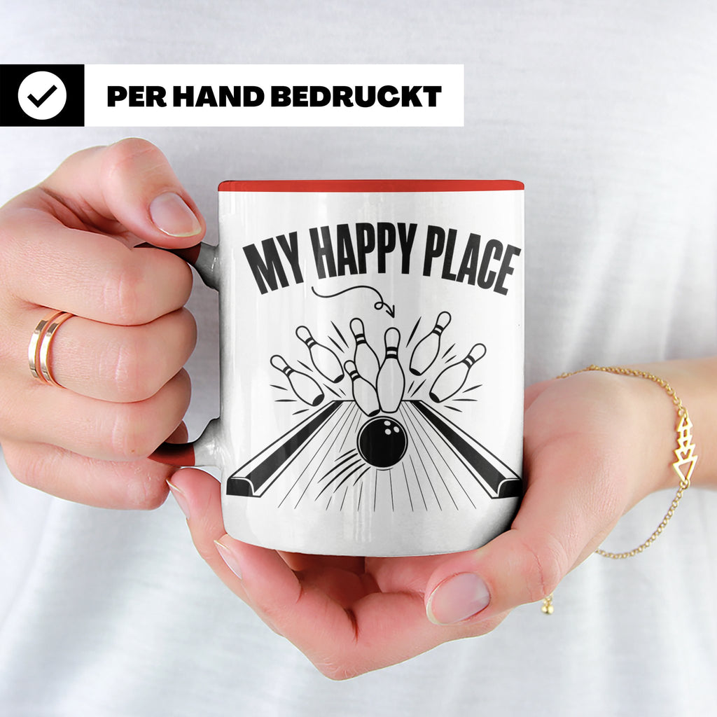 Bowling Tasse My Happy Place Spruch, Kaffeetasse für Kegler  – Rot [farbe:rot]