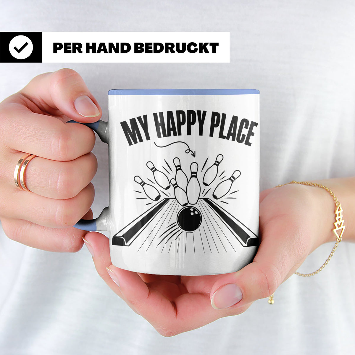 Bowling Tasse My Happy Place Spruch, Kaffeetasse für Kegler  – Blau [farbe:blau]