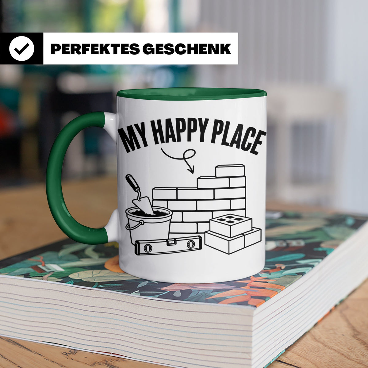 Maurer Tasse My Happy Place lustiger Spruch Baustelle Kaffee – Grün [farbe:grün]